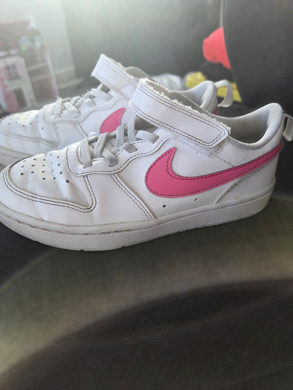 Nike Kids White Sneakers with Pink Swoosh and Hook-and-Loop Strap